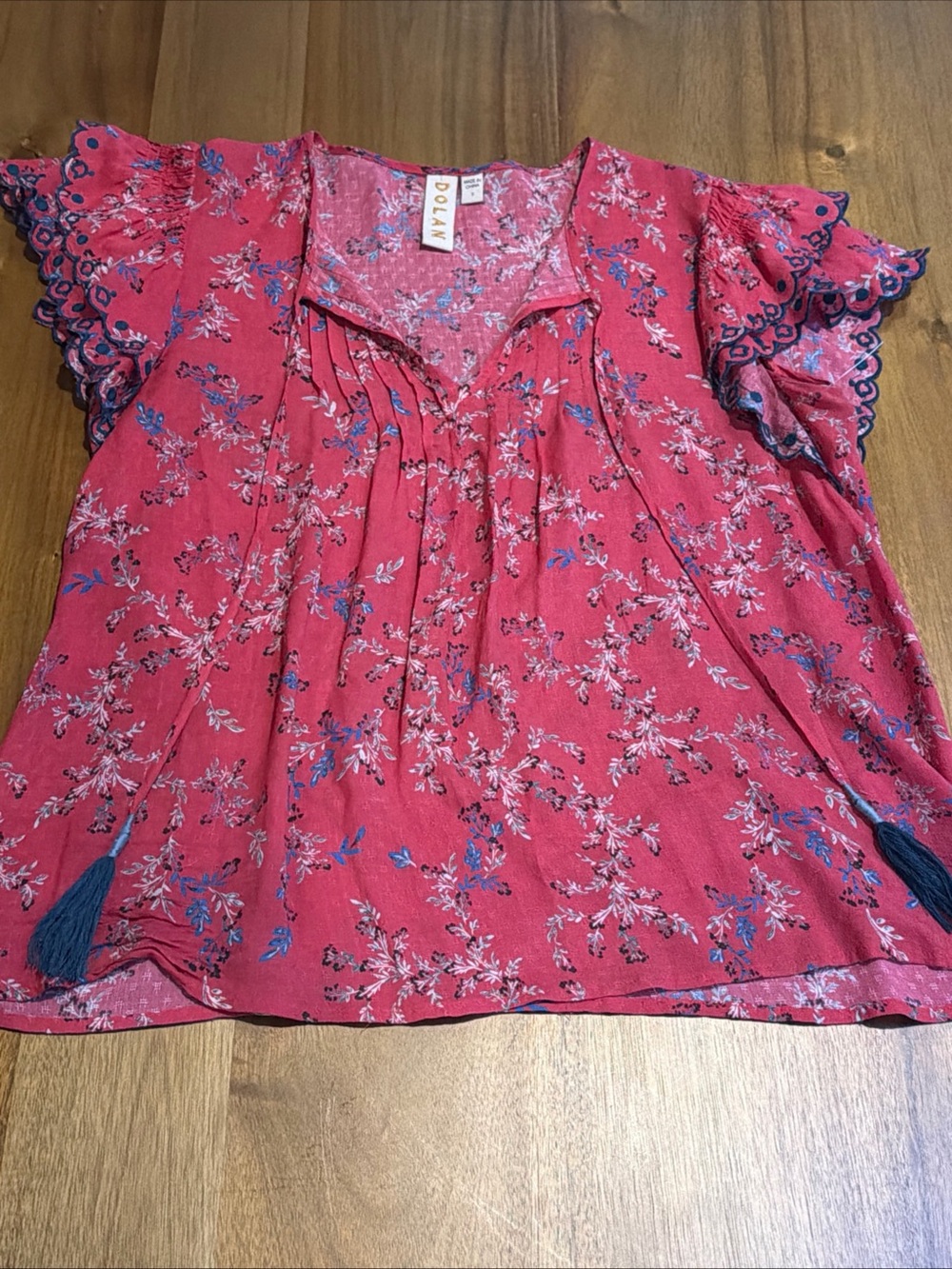 Dolan Blouse Top Red Floral Peasant Pullover Tassel Tiered Sleeves S $158